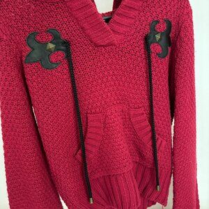 JLo Stylish Red/Pink Knit Hoodie with Unique Black Leather Accents